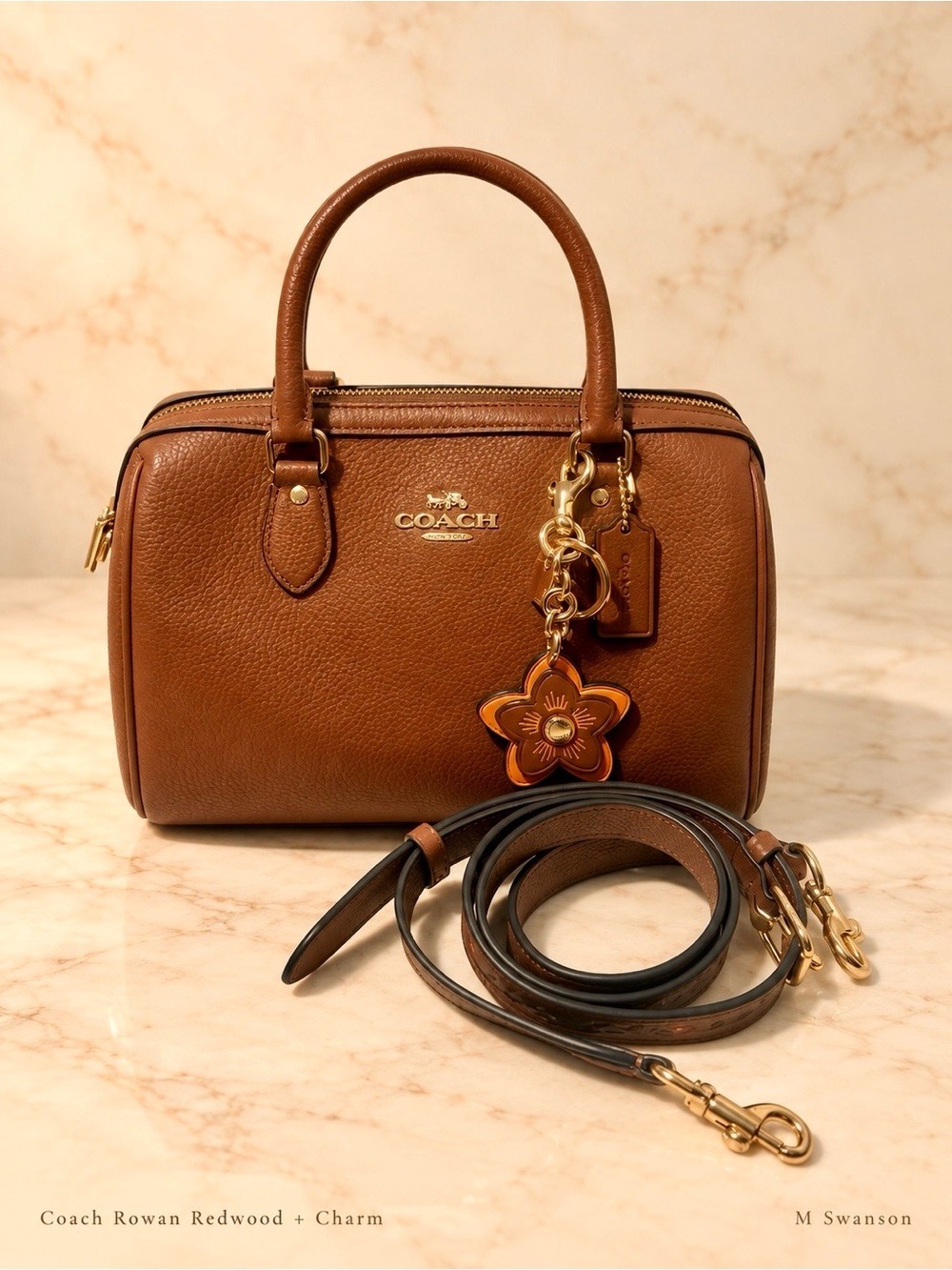 Coach Rowan Redwood Satchel CT841 Floral Strap + Leather Flower Charm Set NWOT - Picture 2 of 9
